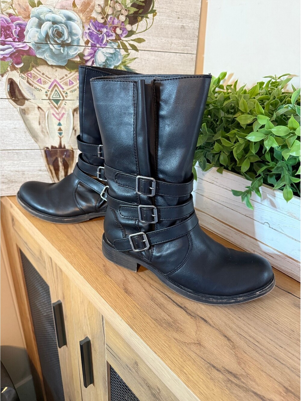 Rampage Black Moto Mid-Calf Biker Buckle Boots Size 8M